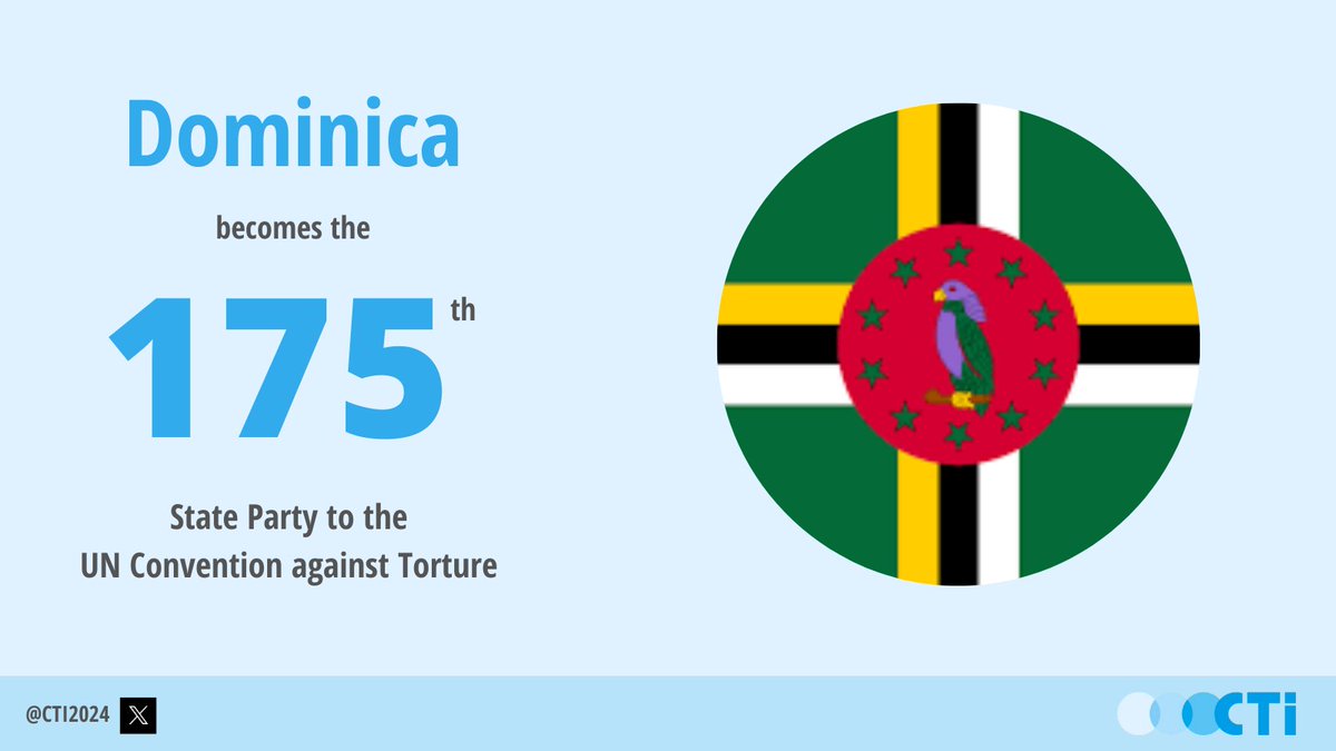 Fantastic news!!🎊

🇩🇲Dominica becomes the 1⃣7⃣5⃣th State to the UN Convention against #Torture!

CTI and its Core States warmly congratulate Dominica, and look forward to working together on #UNCAT implementation.