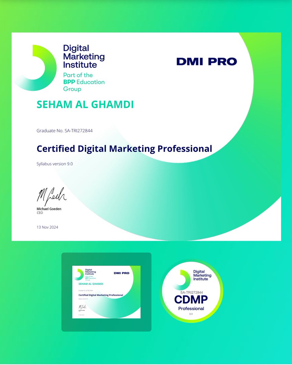 SehamSoheem's tweet photo. So proud of my self 🥹❤️🫰🏼✨#CDMP
حصلت على شهادة التسويق الرقمي الاحترافي من DMI https://t.co/mCwbSaRBj1