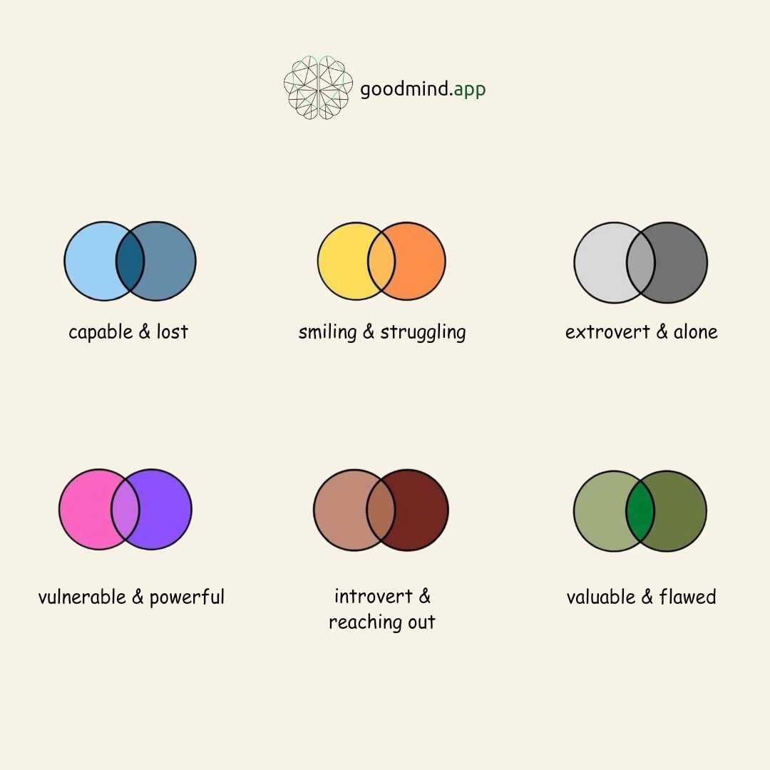 goodmind_app's tweet image. It&apos;s possible to feel both at a time. Life is complex, and that&apos;s okay.

#goodmind #selfcare #mentalhealthmatters #mentalwellbeing