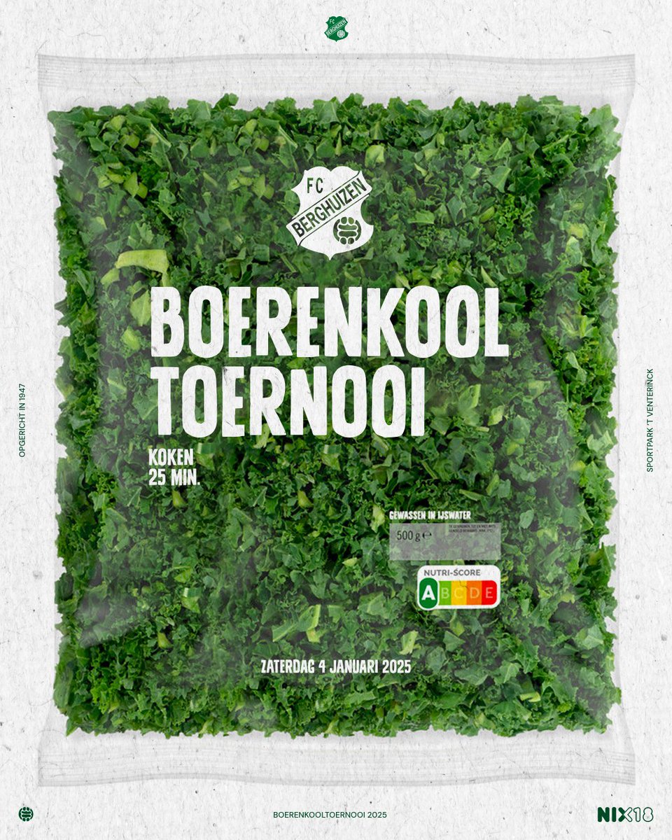 Op zaterdag 4 januari 2025 wordt op sportpark ’t Venterinck de 14e editie van het BOERENKOOLTOERNOOI georganiseerd. 

Geef je op via je leider.

De wedstrijden beginnen om 14.30 uur en eindigen om circa 16.00 uur. De aanvang van het buffet is om circa 17.00 uur.