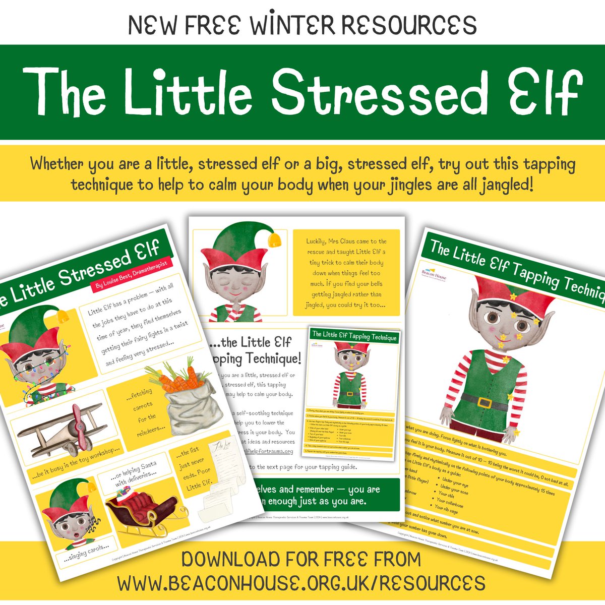 BeaconHouseTeam's tweet image. The first of our December resources is out today!
Whether you are a little, stressed elf or a big, stressed elf, try out this tapping technique to help to calm your body when your jingles are all jangled! 
bit.ly/3Vh7uRL