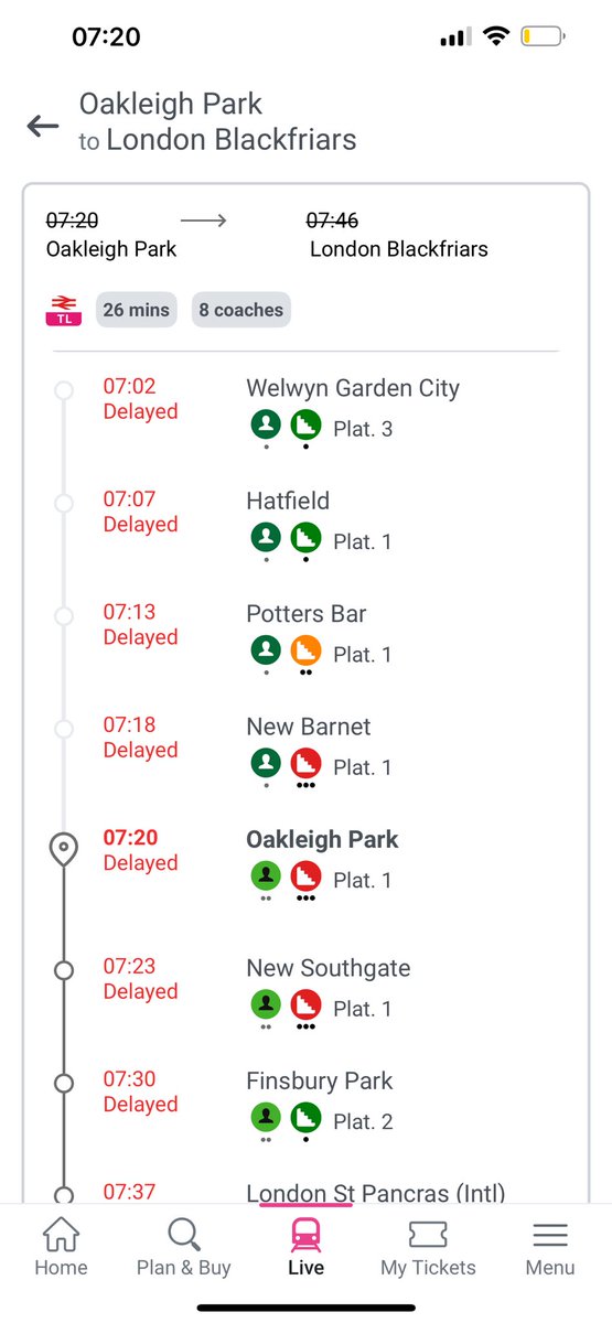 Morning <a href="/TLRailUK/">Thameslink</a> is the 07:32 Welwyn Garden City train to London Blackfriars running today? I can see the previous train that should have left at 07:02 is ‘delayed’ - which I assume means cancelled?