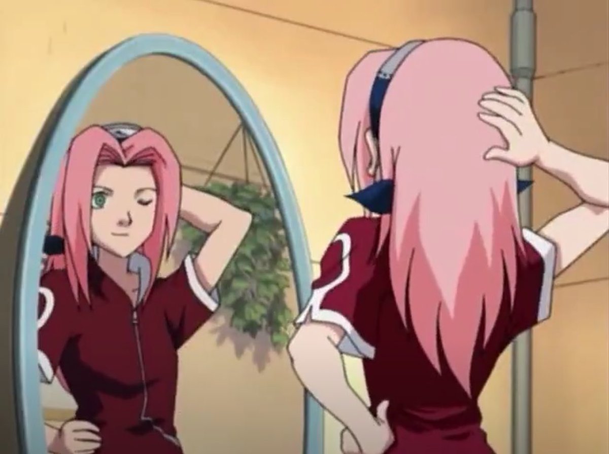yurisasusaku's tweet photo. Sakura winking at herself in the mirror she’s so real https://t.co/7Hto92Omxa