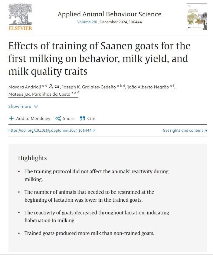 appliedethology's tweet photo. #NewResearchAlert
"Effects of training of Saanen goats for the first milking on behavior, and milk yield and milk quality traits" by Andrioli et al. 
Get the full paper here: https://t.co/vWKyKXQW04

#goatbehaviour #animalcognition #dairygoat https://t.co/xjVG4t5Tpg
