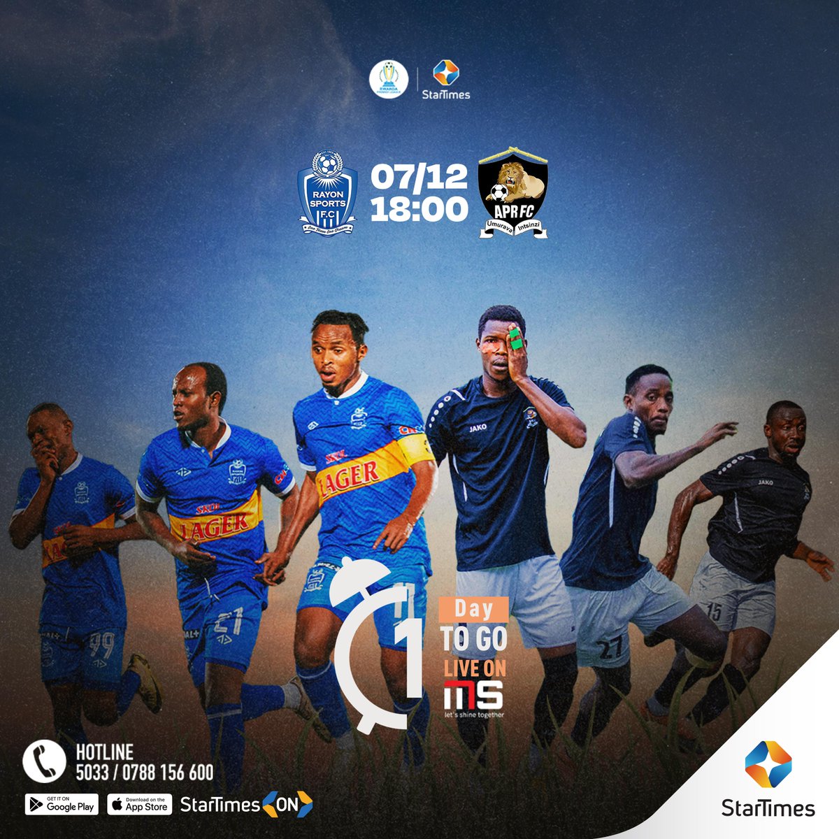 startimesrwanda's tweet photo. -1️⃣Day to go
⚽🔥 Umukino w’Abanyabigwi! Rayon Sports ihura na APR FC – umukino uzakurikirwa n’igihugu cyose! Wicikwa n’ibihe bidasanzwe ku wa 07/12/2024, Kuri Magic Sports gusa. 🏟️✨ Ni iyihe kipe izegukana iyi ntsinzi? 💙⚪ vs. ⚫⚪ #RayonVsAPR #MagicSports #RPL https://t.co/ZzNxbTYtEC