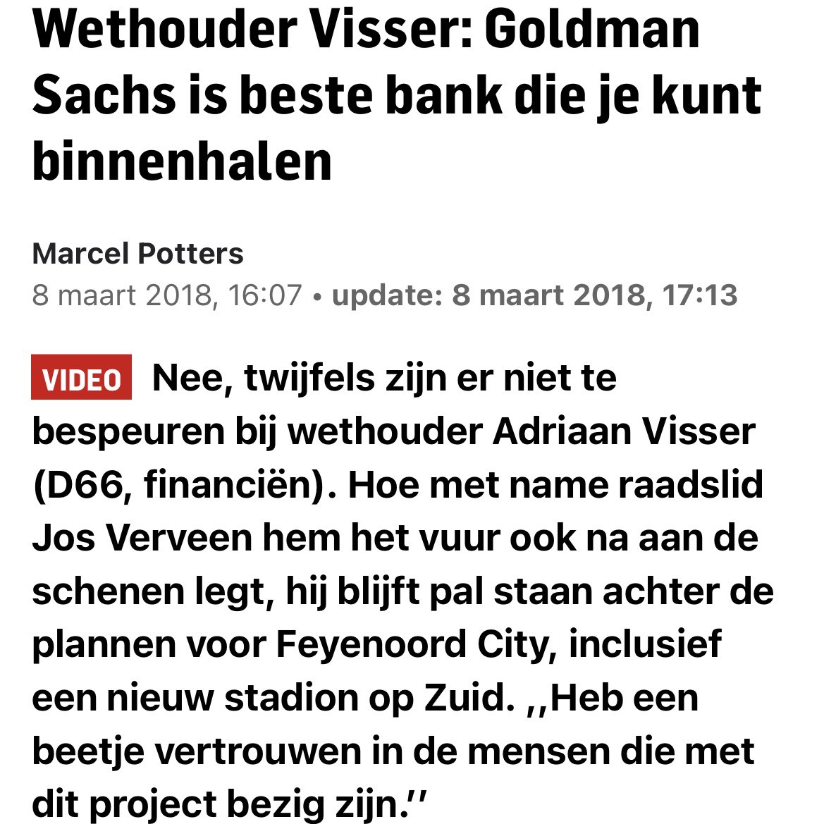 D66 is na gesprek met Feyenoord niet overtuigd, want D66 mist bij #Feyenoord zelfreflectie. 
D66, je weet toch nog wel, dat is die partij van toenmalig wethouder Adriaan Visser die de deal met Goldman Sachs zo’n goede deal vond en Goldman Sachs zo’n toffe bank vond.
D66, dat is