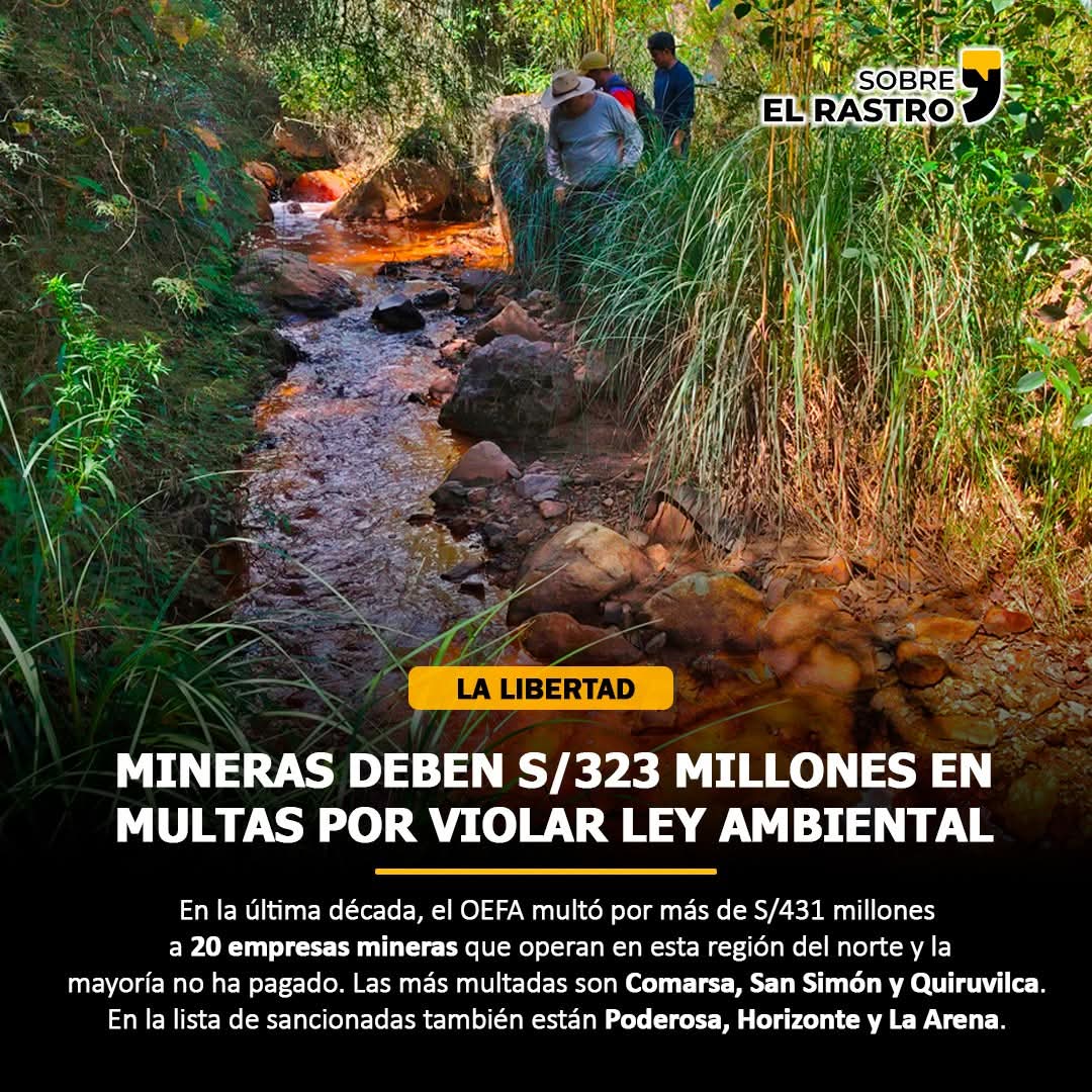 📌LEE El REPORTAJE:  cutt.ly/HecF9O5G

¿Sabes qué empresas son? ¿Cuánto deben? ¿Qué norma infringieron? ¿Si contaminaron el medio ambiente?

Escribí para <a href="/Sobre_el_Rastro/">SOBRE EL RASTRO</a> esta  investigación sobre 20 empresas mineras de La Libertad que violar la ley ambiental.