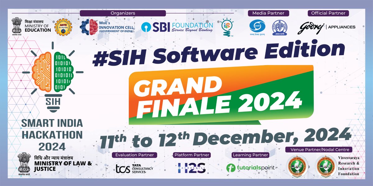 VTU_VRIF's tweet photo. π The Grand Finale of the #SIH2024 Software Edition is just around the corner! π Join us from 11th-12th December 2024 as Indiaβs brightest minds come together to innovate, create, and transform ideas into reality. π‘Hosted at the Nodal Center for Law & Justice, #VTU #VRIF https://t.co/E6Qr8tkFxP