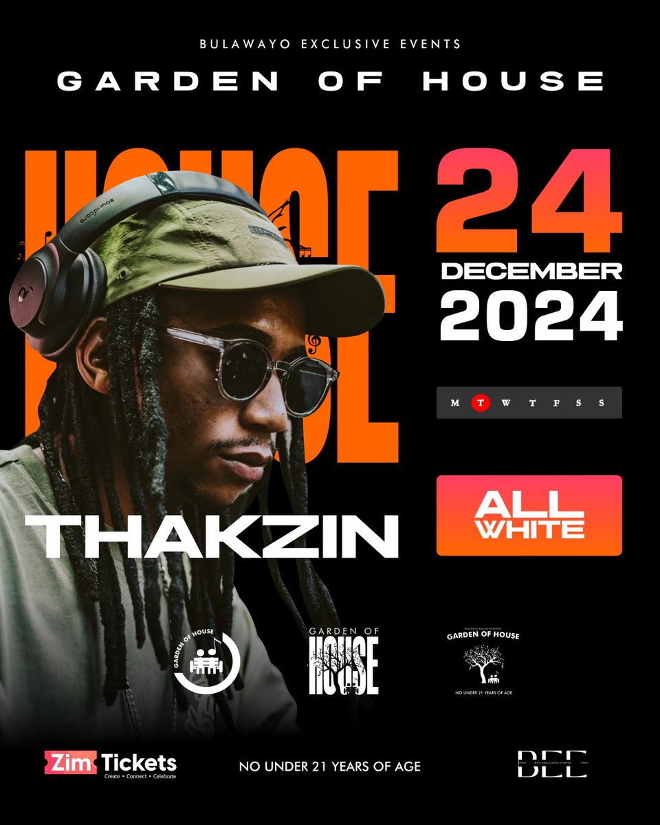 THAKZIN WILL BE LIVE IN BULAWAYO FOR THE FIRST TIME.  LET HOUSE MUSIC LEAD YOU ON THE 24TH OF DEC 2024.

PHASE 2 TICKETS ARE OUT, GET YOURS NOW. 
BE SAFE 🤫😉