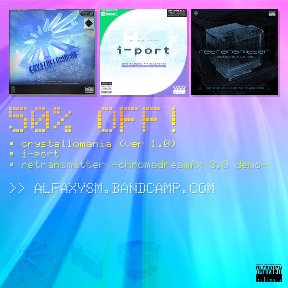 alfaxysm's tweet image. π 50% OFF I-PORT + CRYSTALLOMANIA + RETRANSMITTER TODAY!
Looking for a unique holiday gift? Surprise your friends and loved ones or treat yourself with these albums, complete with bonus wallpapers.
Thank you for your support! π
alfaxysm.bandcamp.com
#BandcampFriday