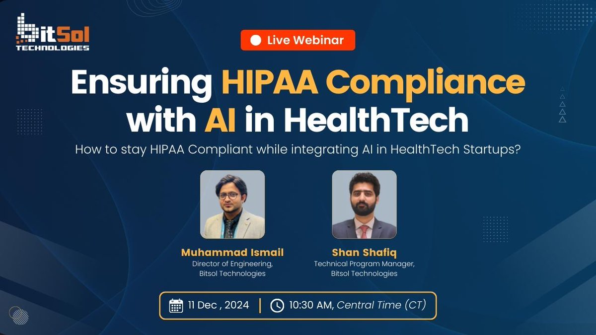 bitsoltech's tweet image. Join us for our upcoming live webinar as we dive into practical steps for integrating AI in HealthTech while ensuring HIPAA compliance.

Register now and make sure your HealthTech innovations stay compliant &amp;amp; secure!

linkedin.com/events/liveweb…

#Webinar #HIPAA #AIinHealthTech #AI