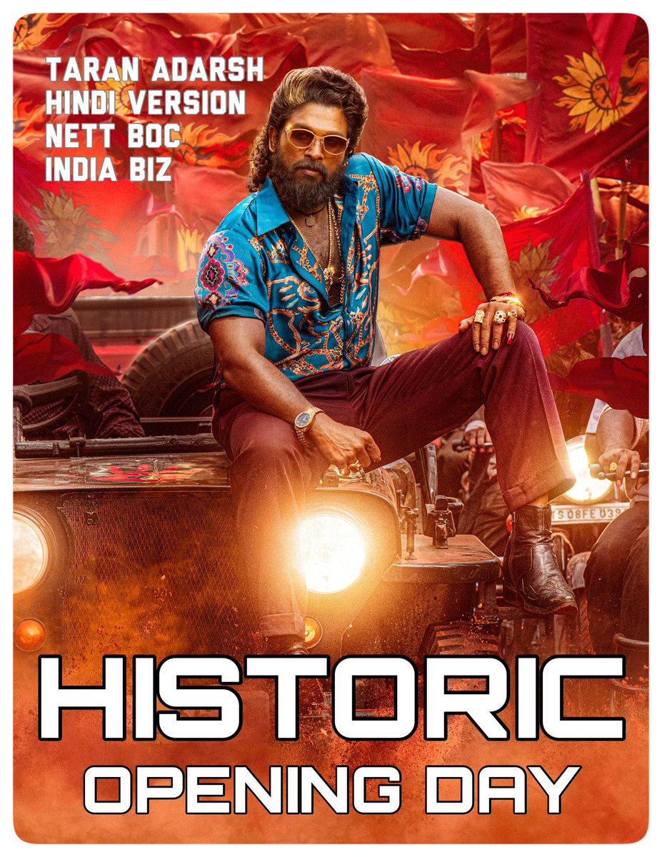 taran_adarsh's tweet photo. 'PUSHPA 2' IS WILDFIRE 🔥🔥🔥... A BOXOFFICE MONSTER... #Pushpa2 is PHENOMENAL on its opening day [Thursday], setting new benchmarks at the #BO...
⭐️ Highest *opening day* ever [#Hindi].
⭐️ Highest *non-holiday* and *non-festival* opening day ever [#Hindi].
⭐️ Highest opening day for a dubbed film [#Hindi] ever.

East. West. North. South… It was #PushpaDay across the nation... From metros to non-metros and mass pockets, #PushpaMania has taken #India by storm, and there's no stopping it.

The remarkable opening day numbers cement #AlluArjun's brand value and the franchise's popularity in the #NorthIndia markets.

#Pushpa2 [Week 1] Thu 72 cr.
#India biz | #Hindi version | Nett BOC | #Boxoffice