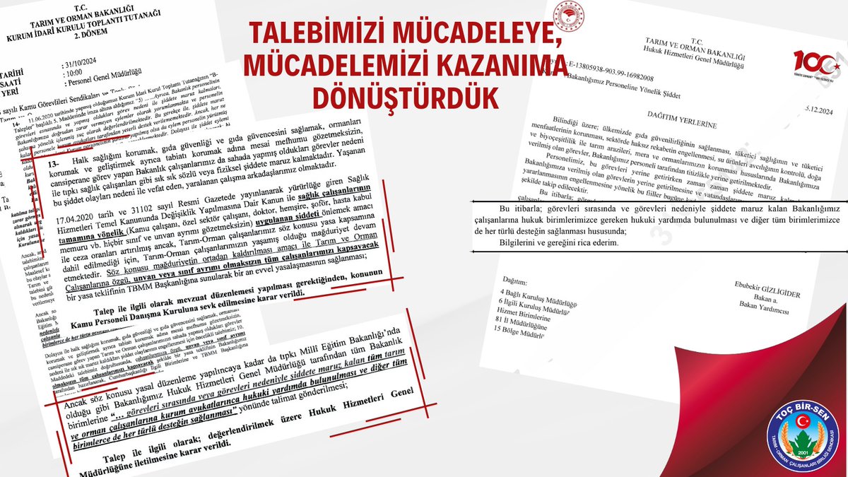 TALEBİMİZİ MÜCADELEYE, MÜCADELEMİZİ KAZANIMA DÖNÜŞTÜRDÜK

Yetkili Sendika Toç Bir-Sen olarak; PERGEM ile gerçekleştirdiğimiz Kurum İdari Kurulu Toplantılarına taşıdığımız ve son olarak 2024 Ekim KİK tutanağında imza altına aldığımız; 
Bakanlığımız Hukuk Hizmetleri Genel Müdürlüğü