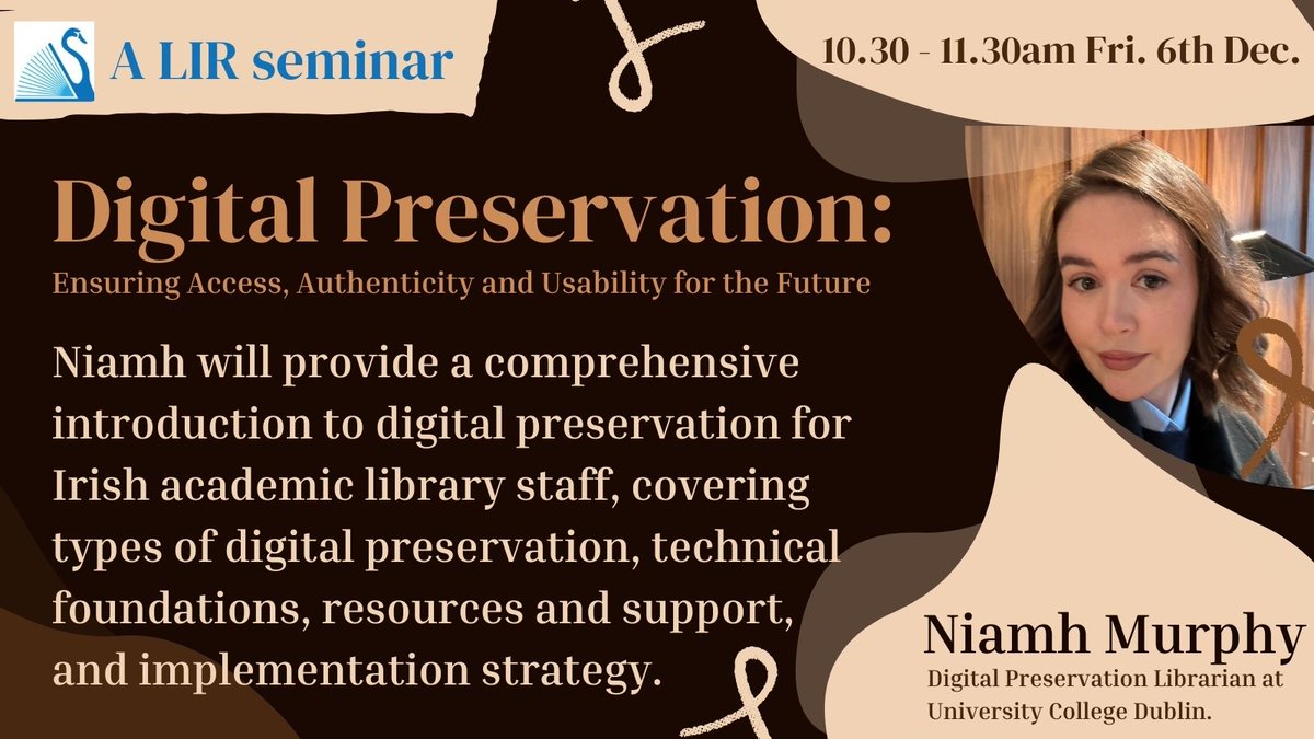 Kicking off our seminar is Niamh Murphy, Digital Preservation Librarian <a href="/UCDLibrary/">UCD Library</a>, providing a comprehensive introduction to digital library preservation
#LIRDigitalPreservation