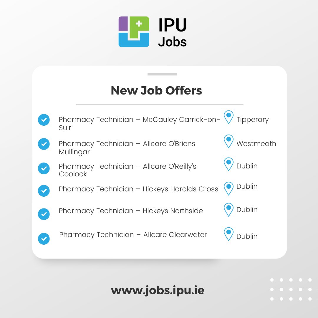 IrishPharmacy's tweet photo. The latest pharmacy jobs are now available on IPU Jobs.
Explore the new jobs and take the next steps in your pharmacy career.
๐ Check out the latest job offers here: https://t.co/PjURMbBrc2
#PharmacyJobs #PharmacyIreland #JobsIreland #IPUJobs https://t.co/nlY4gHEJb4