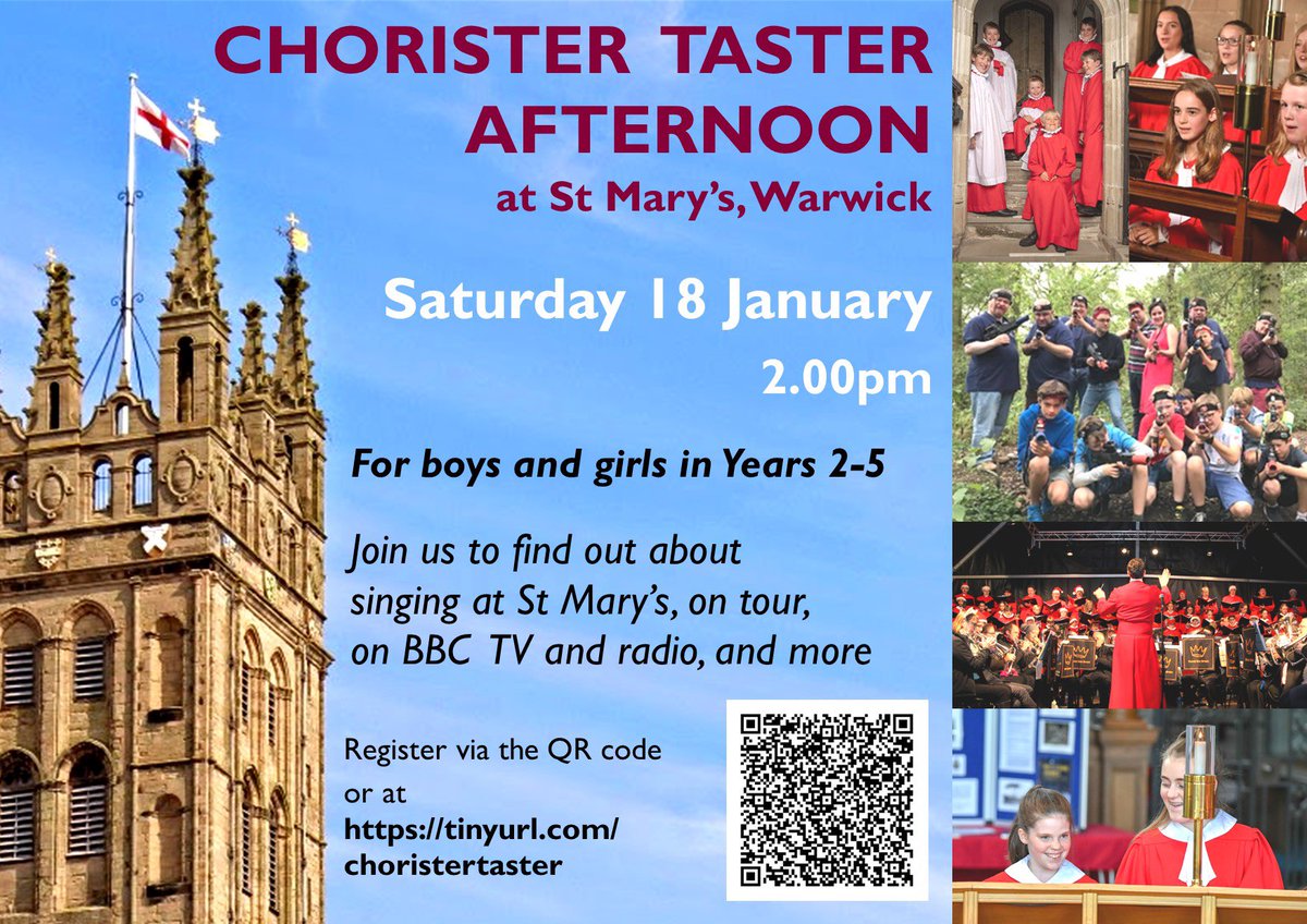 BE A CHORISTER - Saturday 18 January. We’re looking for boys and girls in Years 2-5 who love to #sing to join the #choir <a href="/StMarysWarwick/">St Mary's, Warwick</a>. Come and find out all about it! Register: tinyurl.com/choristertaster 😮🎶
<a href="/RSCMCentre/">RSCM Centre</a> <a href="/Warwick_Courier/">Warwick Courier</a> <a href="/WhatsOnWarwicks/">Warwickshire What's On</a> <a href="/moreWarwick/">Visit Warwick</a> <a href="/BBCCWR/">BBC Coventry & Warwickshire</a>