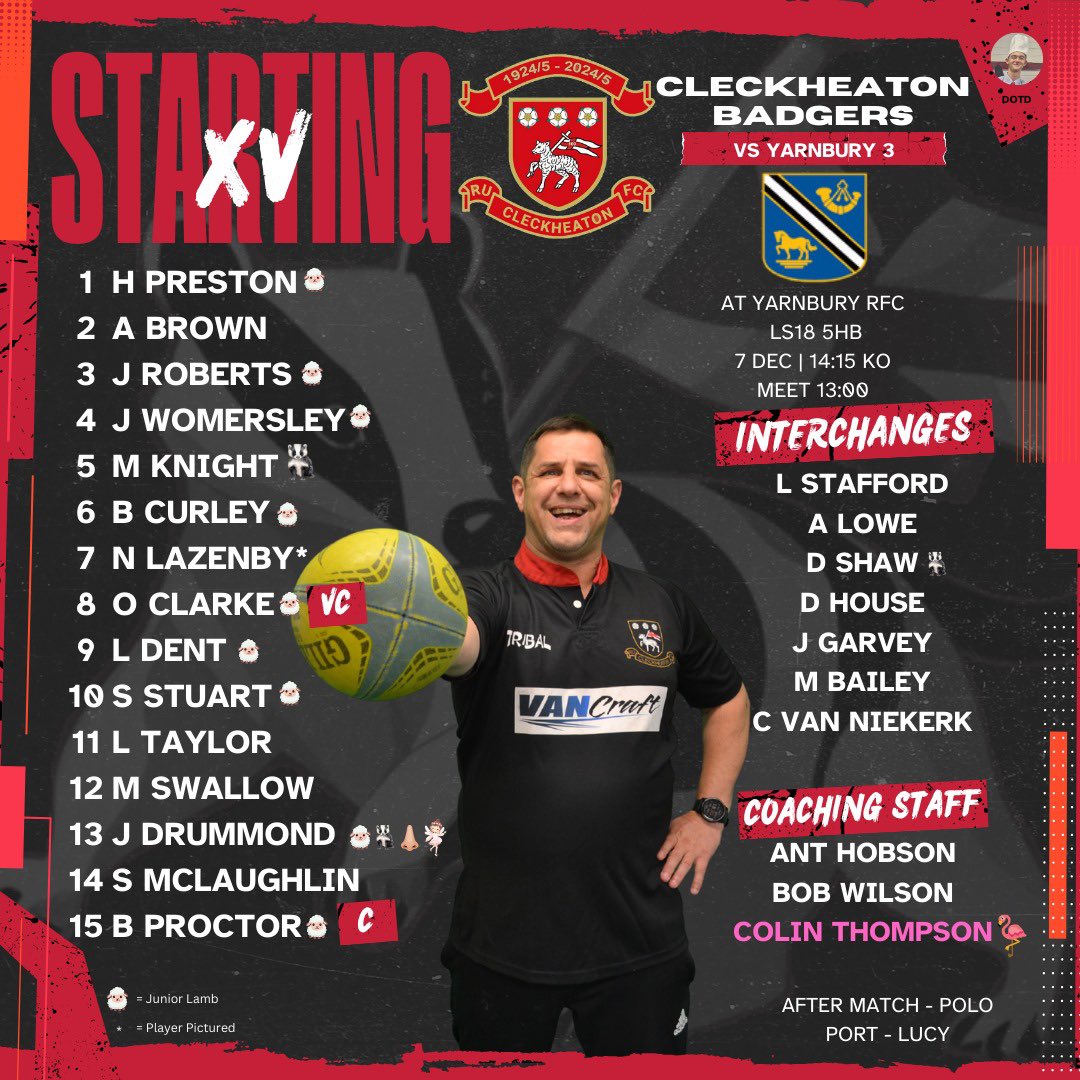 🏉Team News!🏉

Typical Rugby weather this weekend as the Badgers go on tour and 1sts host Sandal at Moorend!

1sts home 🆚 Sandal Rugby Club
📆Sat 7th Dec
⏰ 3.00pm KO
📍 BD19 3UD

Badgers away 🆚 Yarnbury Rufc 3rds
📆Sat 7th Dec
⏰ 2.15pm KO
📍 LS18 5HB

🐑 ⚪️🔴🐑
#UTL