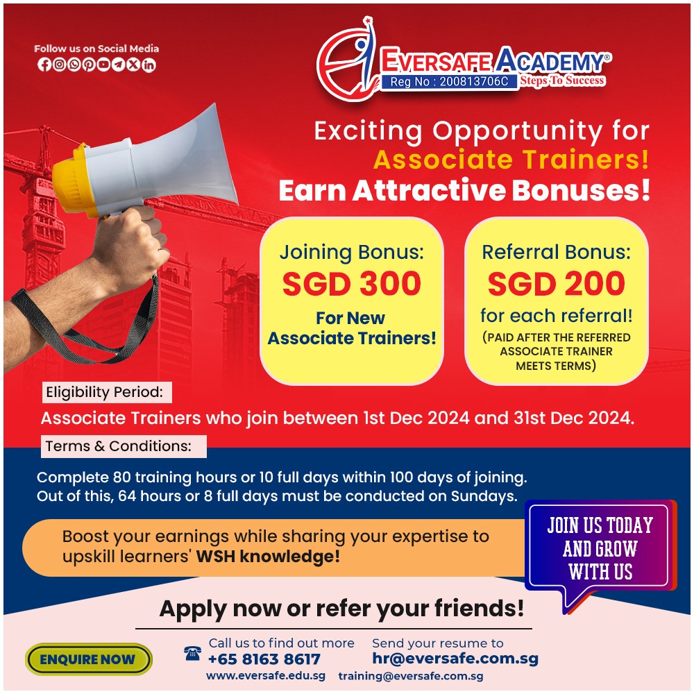 EversafeAcademy's tweet photo. 🚨 Limited-Time Opportunity for Trainers! 🚨 #Singapore #TrainerJobs #WorkplaceSafety #WSHEducation #EversafeAcademy
#SingaporeJobs #TeachingOpportunity #UpskillYourCareer #PartTimeTrainer #FreelanceTrainer  #LearningAndDevelopment 
#CareerGrowth  #ProfessionalDevelopment https://t.co/1wZ4qGzOFv