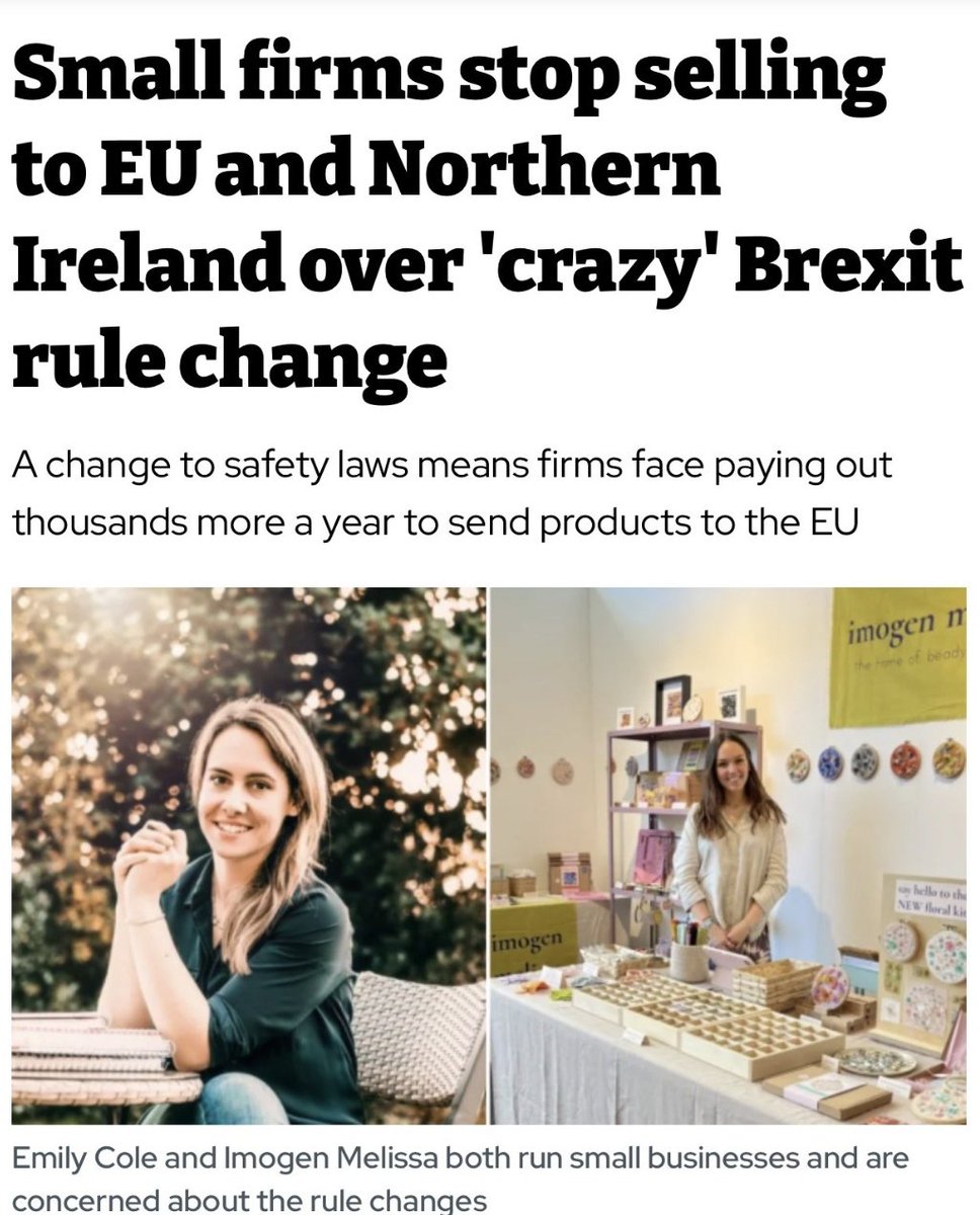 Yet more Brexit denial syndrome👇

STOP CALLING THEM "crazy Brexit rule changes" - it's simply "not being in the Single market" !!!

The only "crazy rule changes" mentioned 👇is that UK companies have to comply with EU safety standards, as you do with any market you export to