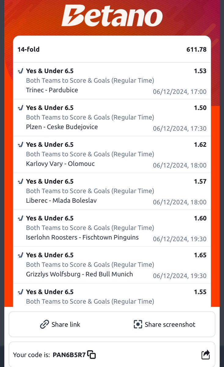 HolaSteve4's tweet photo. #Betano 6th - 7th 🏒

#100 to win #248M
JYB76FEM 🫴2,480,946 odds

🫴27,893 odds
🫴611 odds
🫴148 odds

#BTS &amp; Un6.5 goals
#NB: 1game &amp; 3 edits

@historyinmemes @bossolamilekan1 @sportingking365 @Mrbankstips @mrbayoa1 @BettKMax @enokay69 @Ekitipikin  @LouieDi13 @Julius_Chinwe https://t.co/65k4GHMqLe