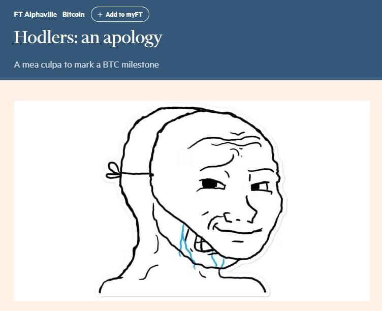 🚨 Le Financial Times présente des excuses publiques à ses lecteurs pour 14 années de couverture négative envers les cryptomonnaies.

« Nous sommes désolé si à tout moment au cours des 14 dernières années, vous avez choisi en fonction de notre couverture de ne pas acheter une