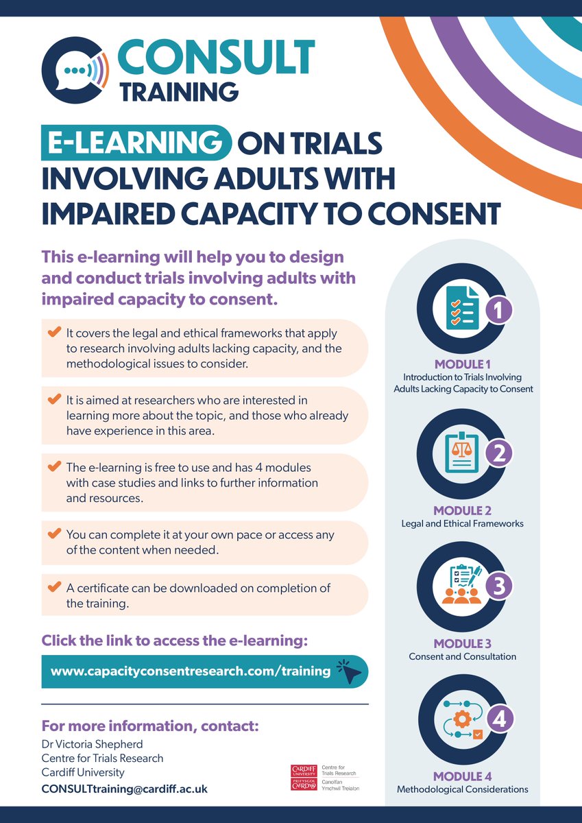 CONSULT Study (@consult_consent) on Twitter photo 📢New CONSULT e-learning on trials involving adults with impaired capacity to consent:
📁4 core modules
📚case studies
🔗links to resources
🔓free to access
⏲️complete at own pace
📩downloadable certificate
capacityconsentresearch.com/training
<a href="/CTRCardiffUni/">CTRCardiffUni</a> <a href="/ResearchWales/">Health and Care Research Wales</a> <a href="/CUmedicengage/">Cardiff University School of Medicine</a> 📢New CONSULT e-learning on trials involving adults with impaired capacity to consent:
📁4 core modules
📚case studies
🔗links to resources
🔓free to access
⏲️complete at own pace
📩downloadable certificate
capacityconsentresearch.com/training
<a href="/CTRCardiffUni/">CTRCardiffUni</a> <a href="/ResearchWales/">Health and Care Research Wales</a> <a href="/CUmedicengage/">Cardiff University School of Medicine</a>