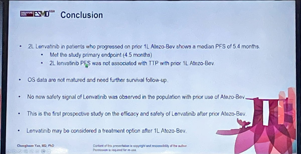 DrAngelaLamarca's tweet photo. KCSG HB23-04 trial
#Lenva after AtezoBev in #HCC
@myESMO #ESMOAsia24
Phase II, 50 pts
mPFS 5.6m, PR12%, mOS 8.6m
Benefit regardless of TTP to AtezoBev
Biomarkers? https://t.co/KZfBICvRHp