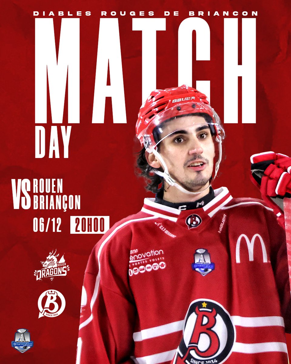 DiablesRouges05's tweet image. ⚡ GAMEDAY ⚡

Gros défi pour les Rouges ce soir avec un déplacement à Rouen !

#ROUBRI VS @DragonsdeRouen
🏆 Synerglace Ligue Magnus 
📍 L'Île Lacroix, Rouen
📅 Aujourd'hui, 6 Décembre 2024
🕙 20h00
📺 Magnus TV

#LetsGoDR