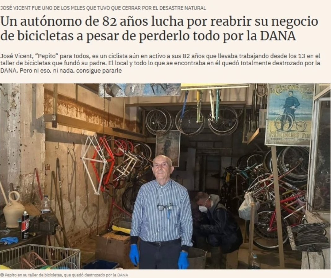 Me ayudas a salvar un trocito de historia de #Catarroja? 🚲🚲🚲 #ValenciaNoSeOlvida
José Vicent “Pepito” es un ciclista🚴con 82 años que lo ha perdido todo💔 Quiere volver a abrir su taller🛠 destrozado por la #riada La #DANA  arrasó su local fundado por su padre en los 40.