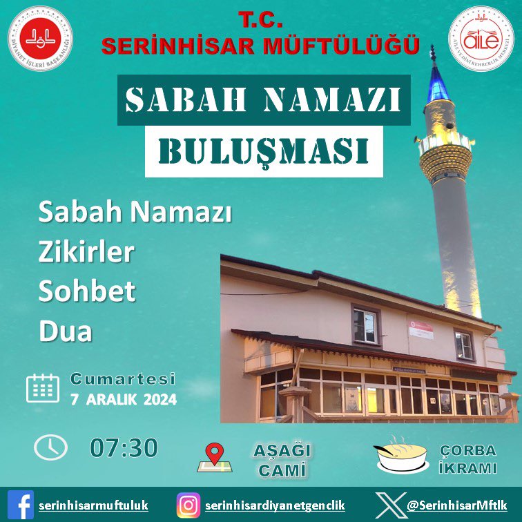 SABAH NAMAZI BULUŞMALARIMIZ DEVAM EDİYOR.

Bu hafta sabah namazında Merkez Aşağı Mah. Camii’nde buluşuyoruz.

Sabahın bereketli saatlerinden istifade edebilmek için tüm halkımızı sabah namazı buluşmamıza bekliyoruz.
#SabahNamazı #sabahnamazıbuluşması 
#serinhisar