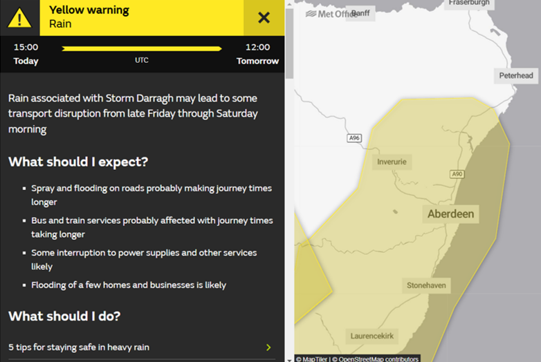 Aberdeenshire Roads (@abshireroads) on Twitter photo ❗️Reminder❗️
🟡Yellow Weather Warning for rain 🌧️ in place for parts of Aberdeenshire from 15:00 today
Commuting on the network? 🛣️🌧️
• Plan your Journey ahead of time ✅
• Vehicle Checks (Wipers, Tyres) ✅
• Stay updated on road conditions ✅
• Drive to the conditions ✅ ❗️Reminder❗️
🟡Yellow Weather Warning for rain 🌧️ in place for parts of Aberdeenshire from 15:00 today
Commuting on the network? 🛣️🌧️
• Plan your Journey ahead of time ✅
• Vehicle Checks (Wipers, Tyres) ✅
• Stay updated on road conditions ✅
• Drive to the conditions ✅