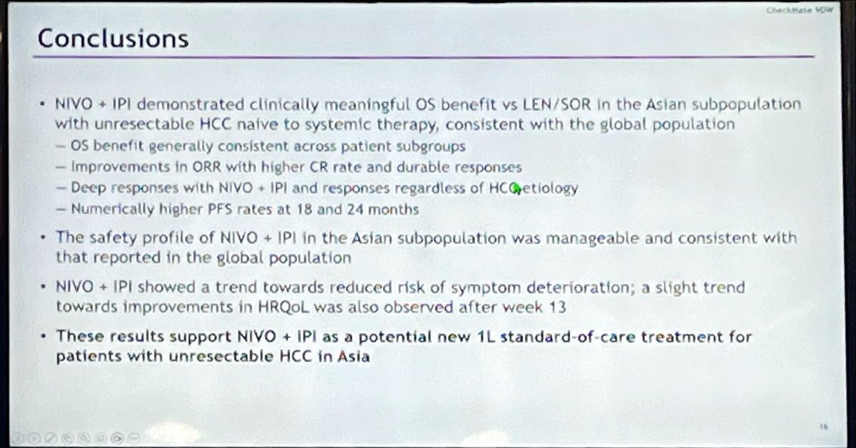 DrAngelaLamarca's tweet photo. Update form CHECKMATE-9DW trial in #HCC - Asian population with #IpiNivo
@myESMO #ESMOAsia24
94% with #lenva in control arm
Similar benefit despite higher VHB (62%) - aetiology of no much relevance (again)
Less use of high dose steroids (vs general population) https://t.co/roU0qtPrHs