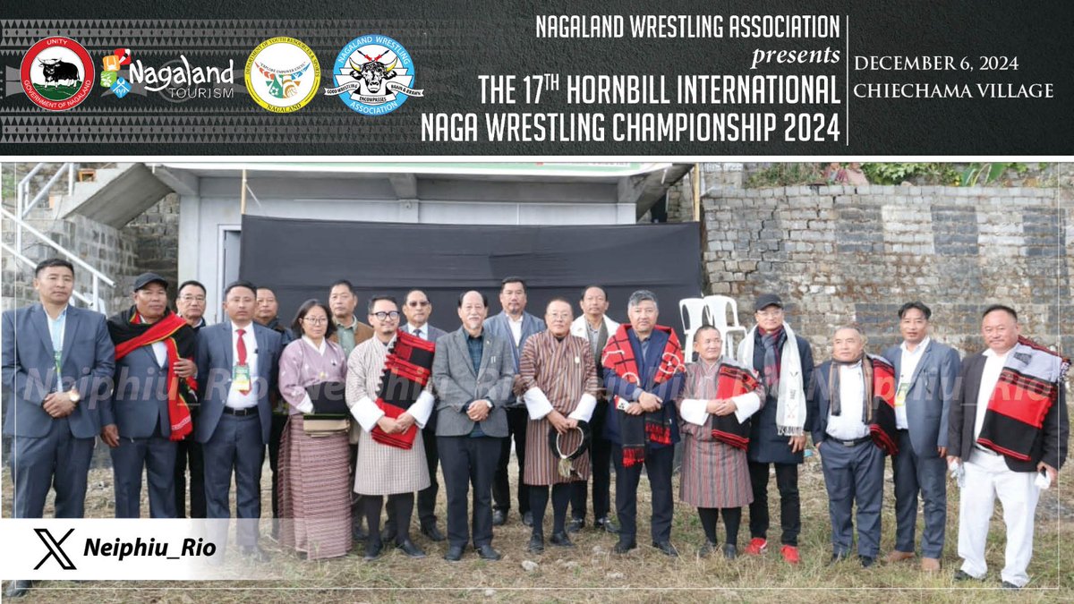 Neiphiu_Rio's tweet photo. Witnessed the 17th Hornbill International Naga Wrestling Championship along with H.E Mr. Jigme Thinlye Namgyal, Consul General, Royal Bhutanese Consulate, Guwahati. A showcase of strength, skill and unity featuring wrestlers from various tribes of the State and beyond. https://t.co/SRBqqFeqAw