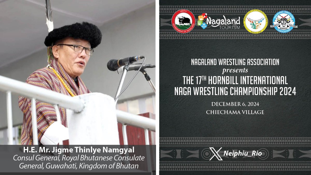 Neiphiu_Rio's tweet photo. Witnessed the 17th Hornbill International Naga Wrestling Championship along with H.E Mr. Jigme Thinlye Namgyal, Consul General, Royal Bhutanese Consulate, Guwahati. A showcase of strength, skill and unity featuring wrestlers from various tribes of the State and beyond. https://t.co/SRBqqFeqAw