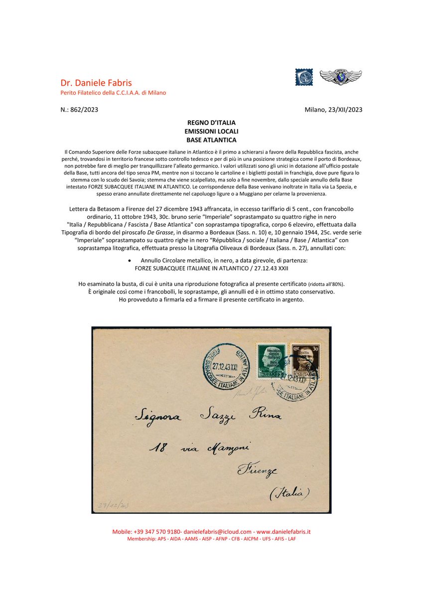 Fabrisperizie's tweet photo. #FABRIS PERIZIE FILATELICHE 82

https://t.co/nowT4EnhF1

#Italia Regno: Emissioni locali #BaseAtlantica #Betasom a #Firenze

#philately #filatelia #briefmarken #stamp #sello #timbre #philatelie #francobollo #danielefabris #expertize #certificato #florence #italy #italie #italien https://t.co/tNxqVXPKnY