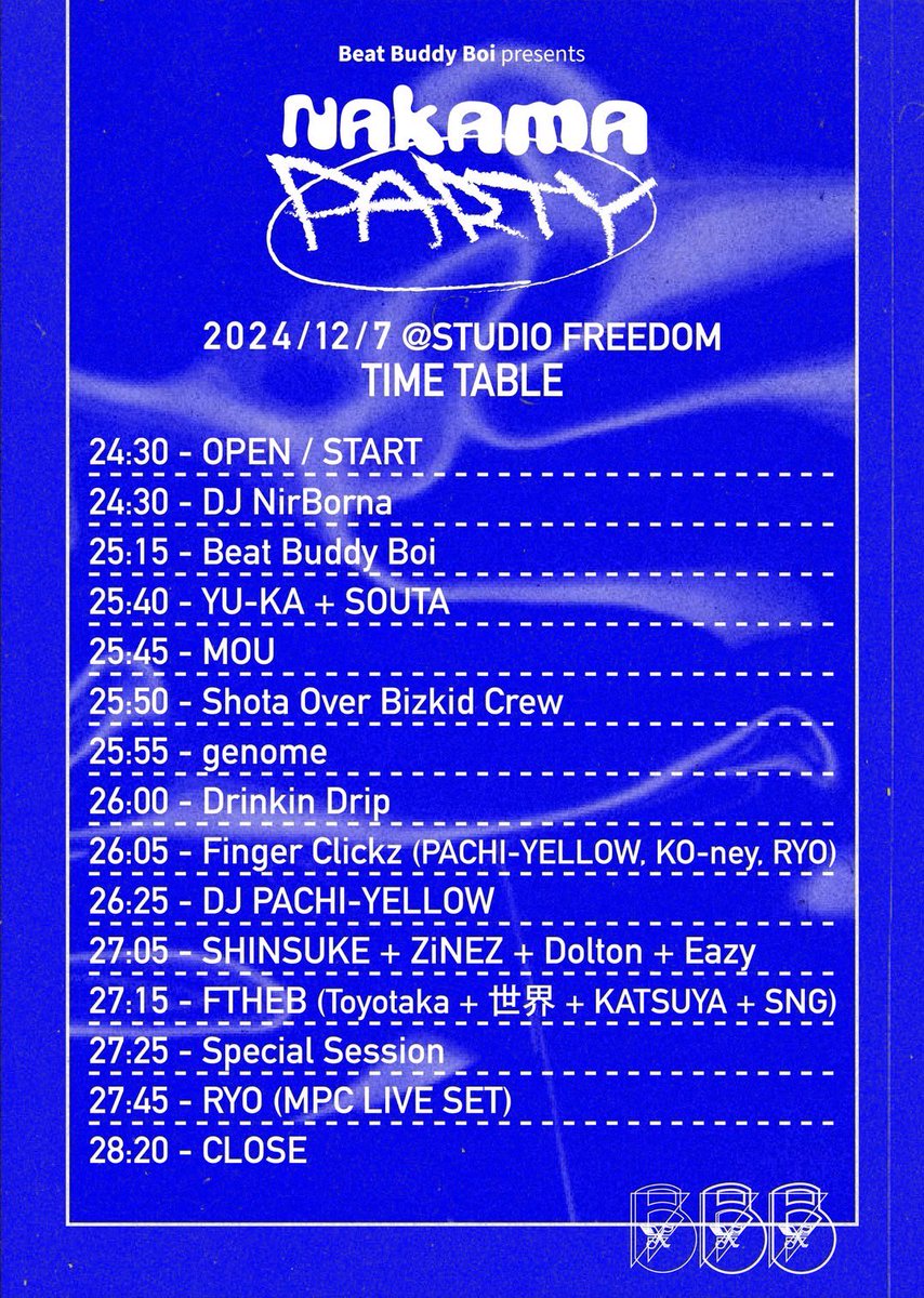 BeatBuddyBoi's tweet photo. 📣お知らせ📣

明日開催！BBB NAKAMA PARTYの
タイムテーブルを公開💡
最初から最後まで思いっきり楽しんでいってくださいね🎉

※出演時間は多少前後する可能性があります。予めご了承ください。 https://t.co/m4PU8Uw9eA