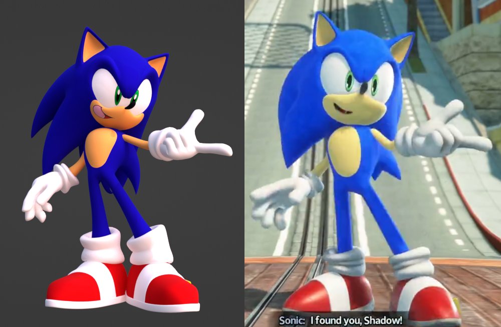 Side-by-side comparison of a screenshot from SONIC X SHADOW GENERATIONS (Left) and a recreation of the pose with a different model (Right)