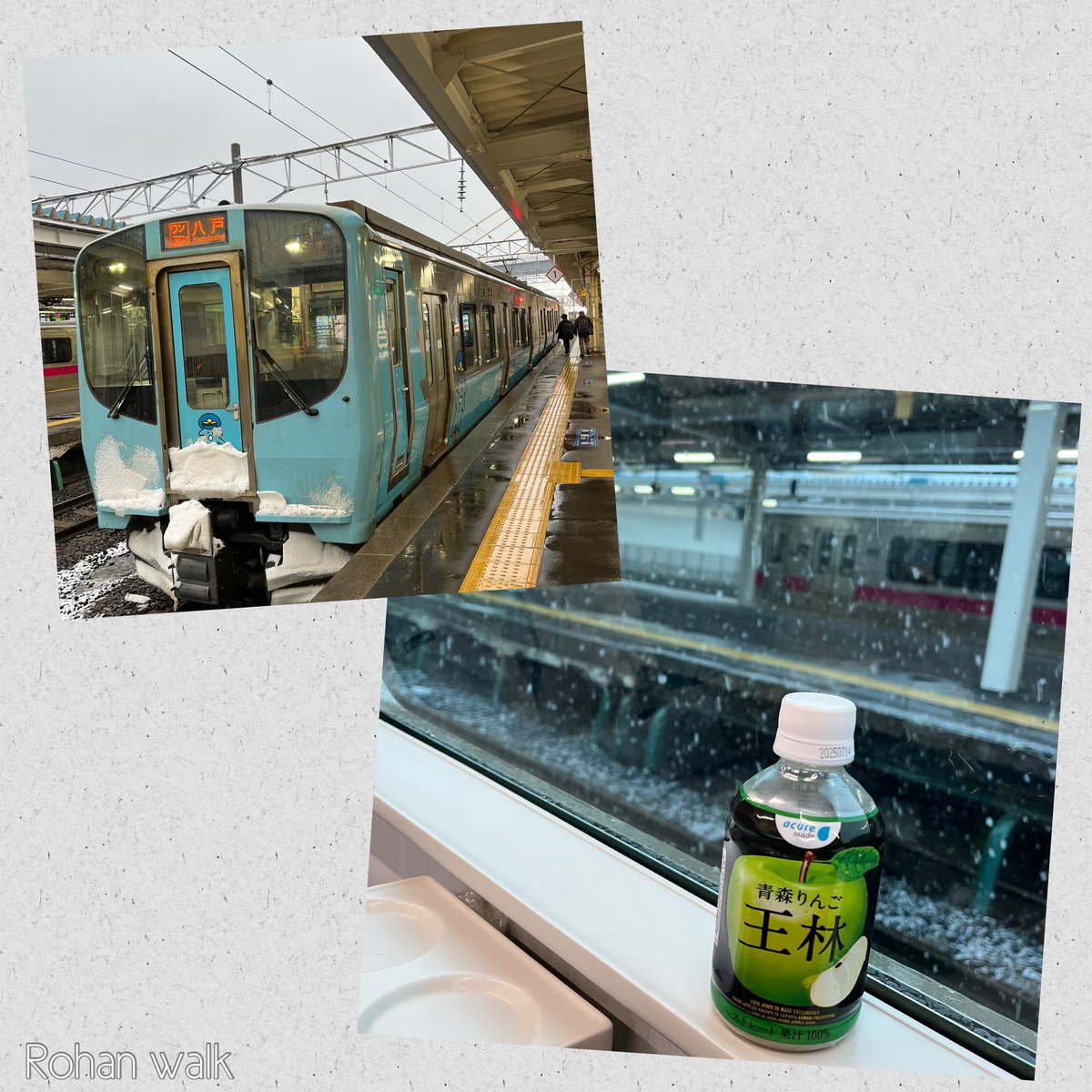 kitanjp's tweet photo. 路庵さん歩（青森駅）青い森鉄道で浅虫温泉へ向かう。1時間に1本の列車なので早めに乗って、りんごジュース。雪が強くなってきたね⛄️
#路庵さん歩 #青森駅 #青い森鉄道 #青森りんご王林ジュース #acuremade #青森県農村工業農業協同組合連合会 #どこかにビューーン https://t.co/OsDpnTZX4H