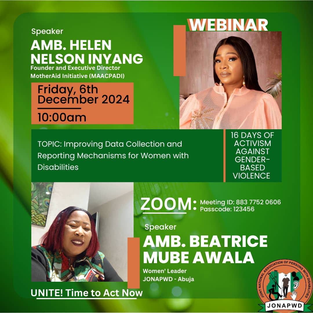 JonapwdNg's tweet photo. #REMINDER
#One_Hour_To_Go
Date: Friday, 6th December, 2024
Time: 10:00 am, WAT
Zoom: Meeting ID: 883 7752 0606
Passcode: 123456 (https://t.co/Ub6a8P9LJB)
#JONAPWD
#EndGBV
#WomenWithDisabilities
#Webinar
#Awareness
#Advocacy
#Nigeria
#DisabilityAct
#SixteenDaysOfActivism https://t.co/UyqEOQwIUd