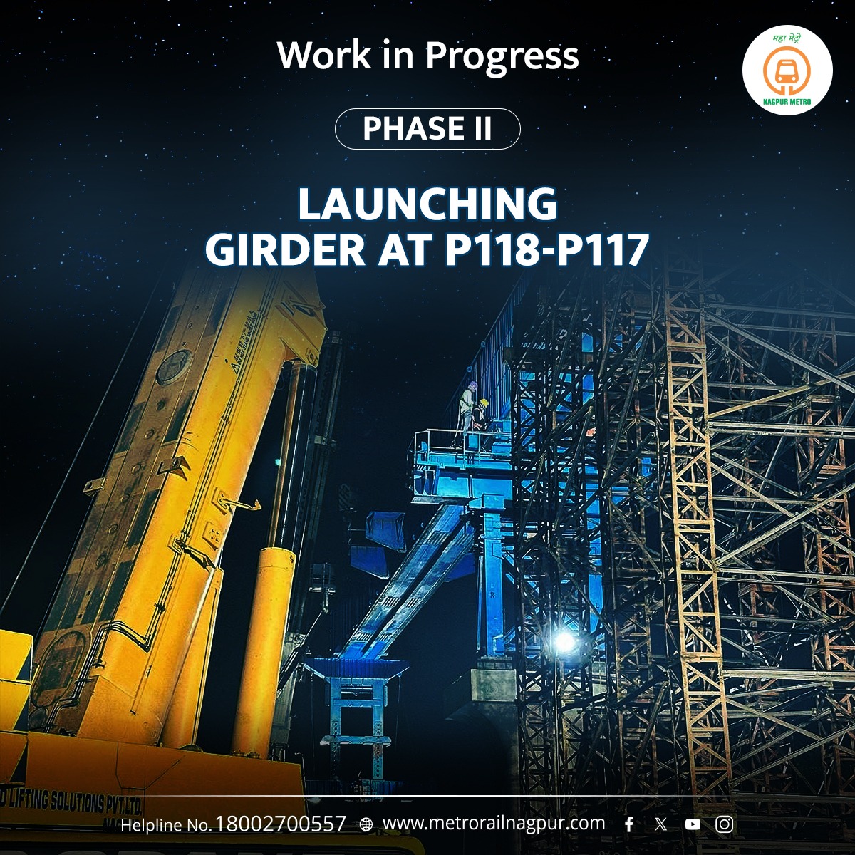 MetroRailNagpur's tweet photo. Work executed with precision:
Girder-1 successfully launched and placed at P118-P117 on #Reach2A. With 3 spans now completed, we’re making significant progress on the 238 spans for #NagpurMetro #Phase_2. Stay tuned for updates!
#WorkInProgress #MenAtWork #Infrastructure #development #MahaMetro #TransformingNagpur