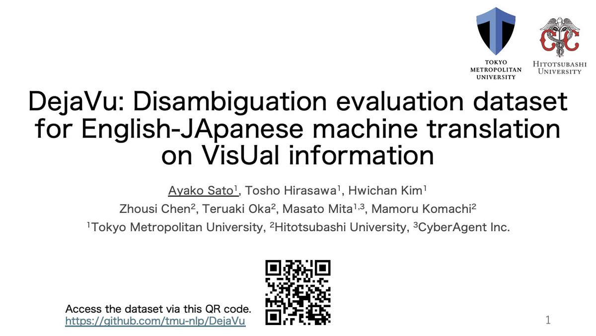 negi3soaya's tweet photo. I will present "DejaVu: Disambiguation evaluation dataset for English-JApanese machine translation on VisUal information" at #PACLIC38.   
🗓️Date: Saturday, December 7th, 1:30–2:00 PM (oral session)  
📝Our paper will be published soon. https://t.co/3xOx8Vwgtv