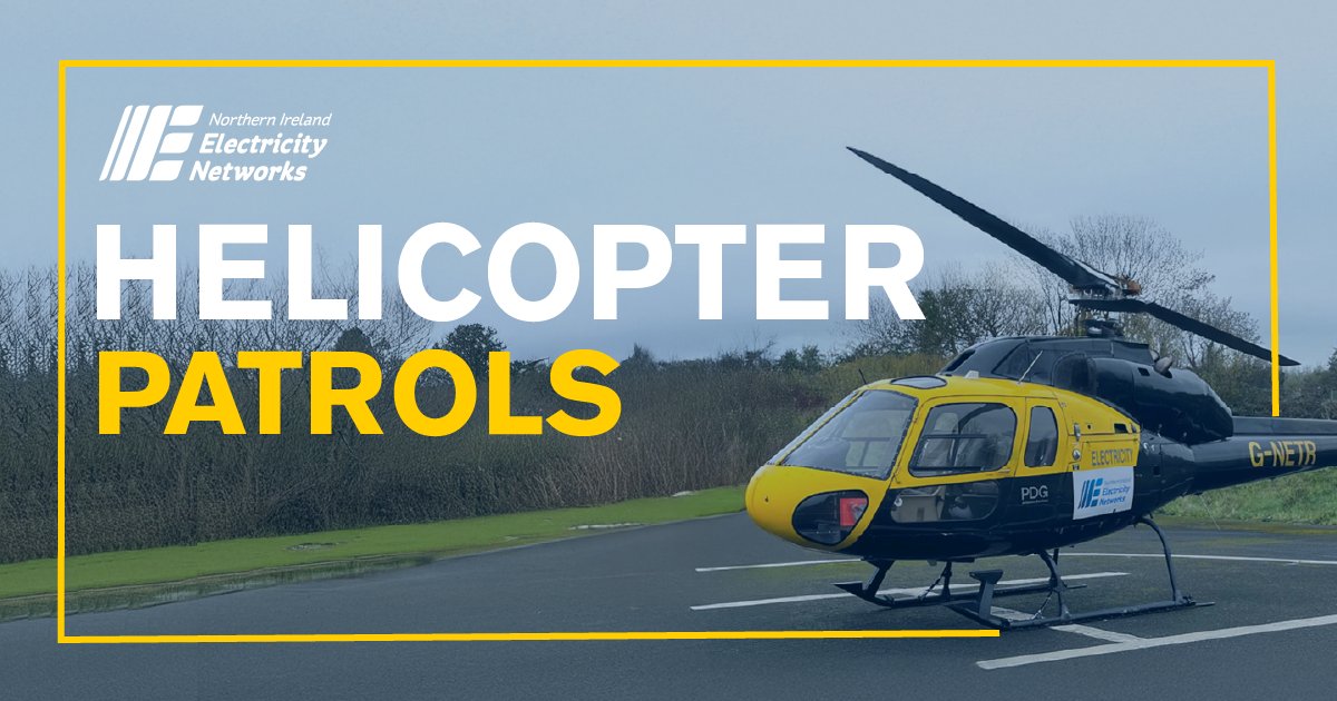 NIElectricity's tweet photo. π Our patrols are back! Keep an eye out for the helicopter in Ballyclare, Ballymena, and Coleraine. These aerial patrols will enable trained observers to spot and document any signs of damage or wear and tear on the electricity network. #helipatrols #lookuplookout https://t.co/D7YV4OhsCs