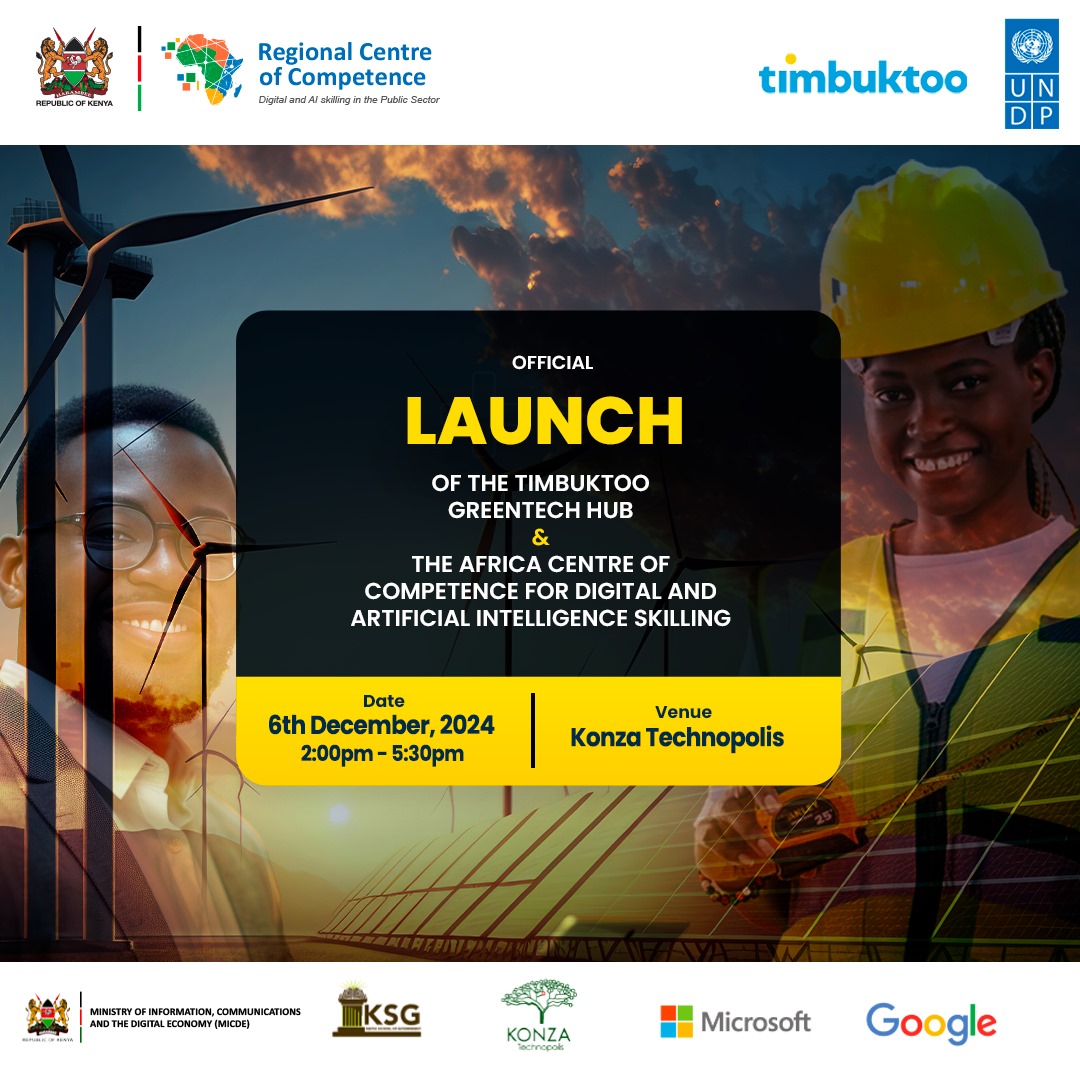 UNDPKenya's tweet image. Happening today!
Launch of the timbuktoo #GreenTechHub and the #AfricaCentreofCompetence for AI & Digital Skilling at
@konzatech 🇰🇪. These two initiatives mark a bold step forward for Africa’s digital & green transition.
🎥 Join us live: youtube.com/live/kkuH-697l…