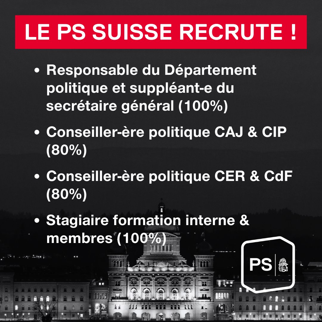 Le PS Suisse met actuellement plusieurs postes au concours. Envie de s'engager pour une Suisse solidaire au cœur de la Berne fédérale ? Toutes les informations ici 👉 sp-ps.ch/fr/artikel-kan…