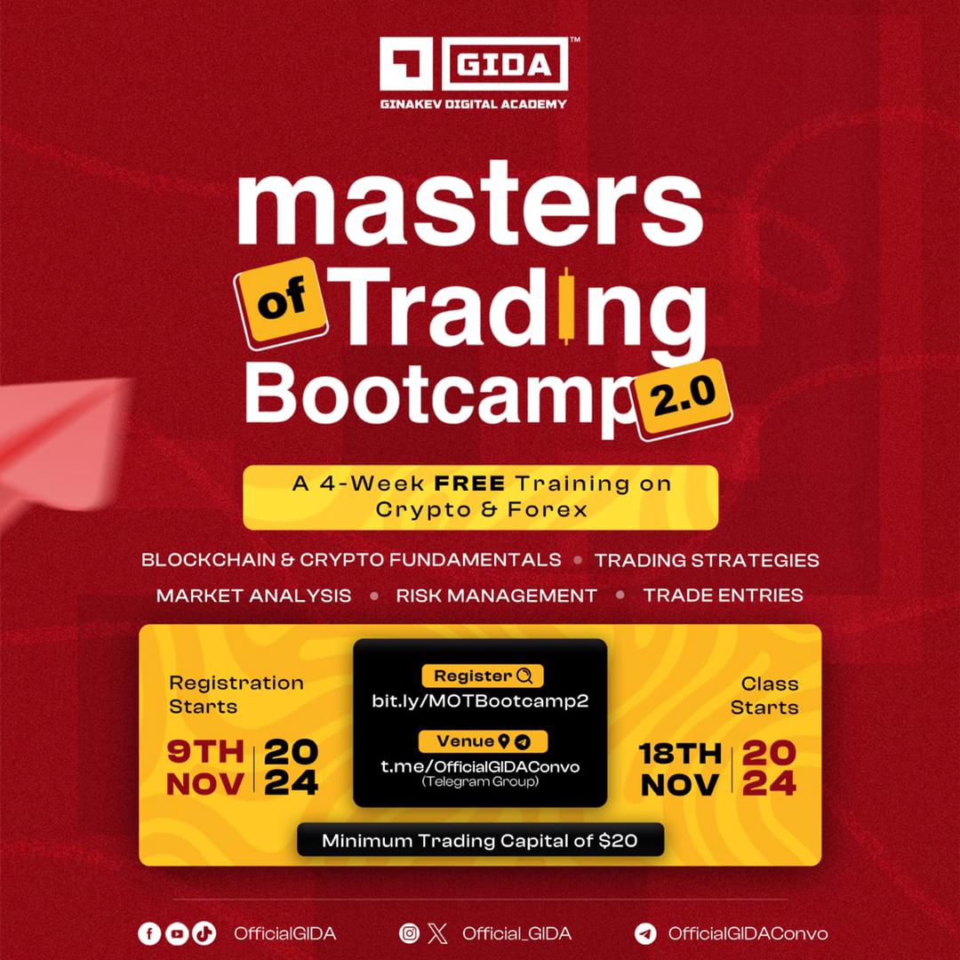 Official_GIDA's tweet photo. GM super star ⭐⭐
Today is week 2, session 4 of the #MOTBootcamp 2.0 and it's fully packed with lots of values, to get you started in the Forex industry.
Do well to attend!!
🕒: 8:30 PM WAT
🏚️: https://t.co/S7N5uxYzVm https://t.co/KZhaDhQMwD