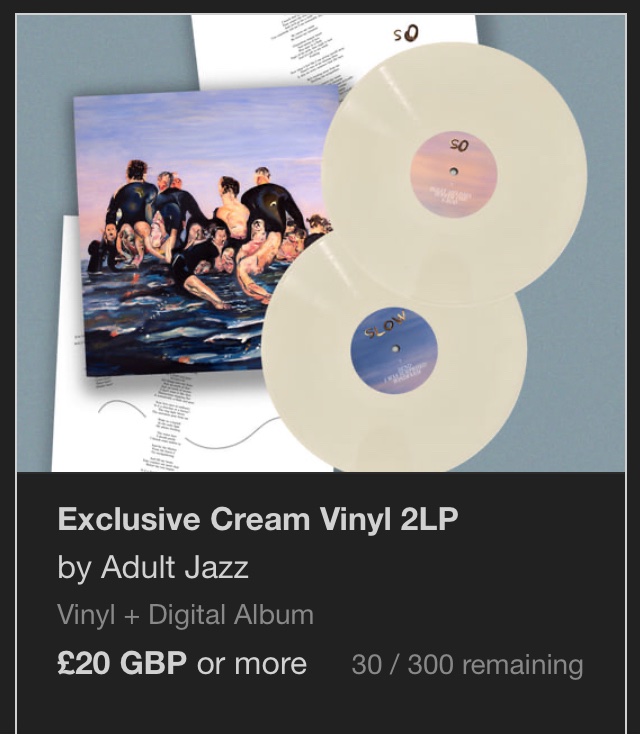 we released an album this year called so sorry so slow

to celebrate <a href="/Spotify/">Spotify</a> wrapped you can buy the record for £20 on <a href="/Bandcamp/">bandcamp</a> 

adultjazz.bandcamp.com/album/so-sorry…

restocked cream vinyl from tour surplus