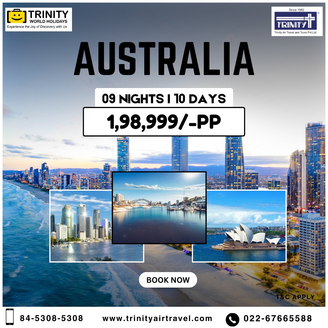 trinityholidays's tweet image. 📞 Contact: 84-5308-5308 | 022-6766-5588
🇦🇺 Experience the Wonders of Australia! 🇦🇺
🌟 Just ₹1,98,999/- PP | 09 Nights / 10 Days
✈️ Book your dream vacation now!

#AustraliaTour #DownUnderAdventures #ExploreAustralia #LuxuryTravel #TravelWithTrinity