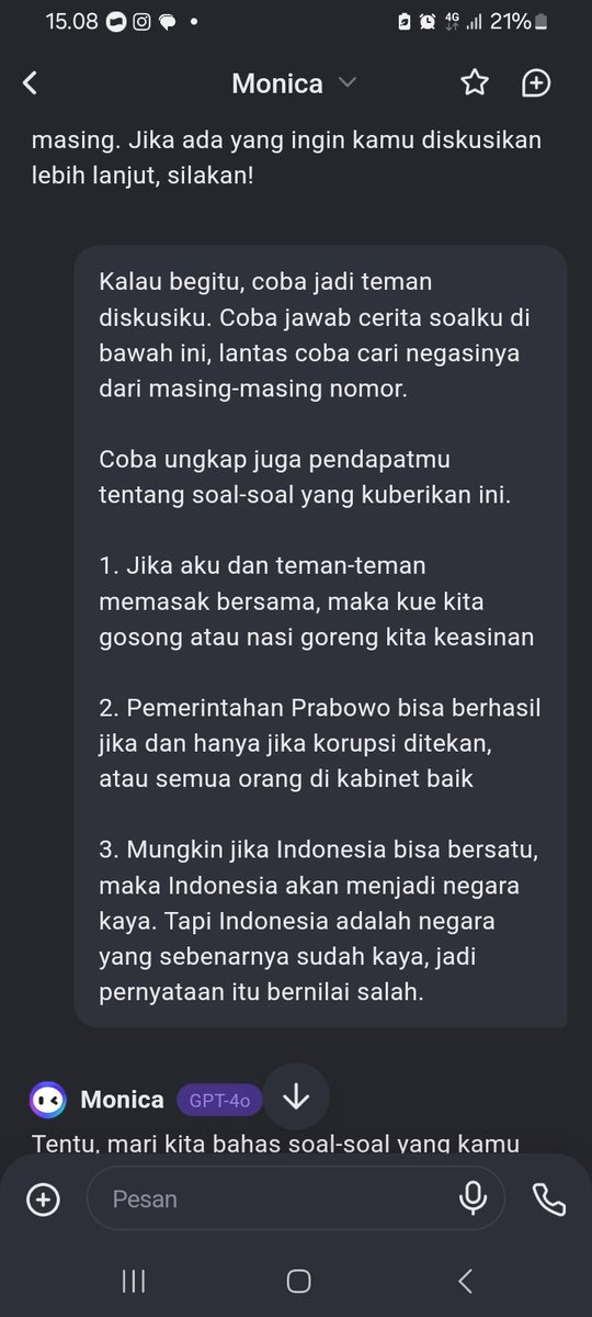 ajaibbinladden's tweet photo. Hasil diskusi dengan Mbak Monika AI. Menarik. 

Lucu juga. Itung-itung coba mengingat lagi cara berpikir sebagai anak elektro, tapi tetap dalam bingkai seorang content writer. 🤣

Apakah kalian bisa jawab juga?

#monica #AI #logika #matematika https://t.co/W8GmLWePc3