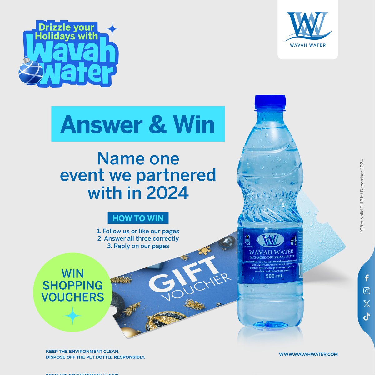Win shopping vouchers the simpler way! Mention one event Wavah Water partnered with.
#WavahWater 
#stayhydrated 
#DrizzleYourholidayWithwavahWater