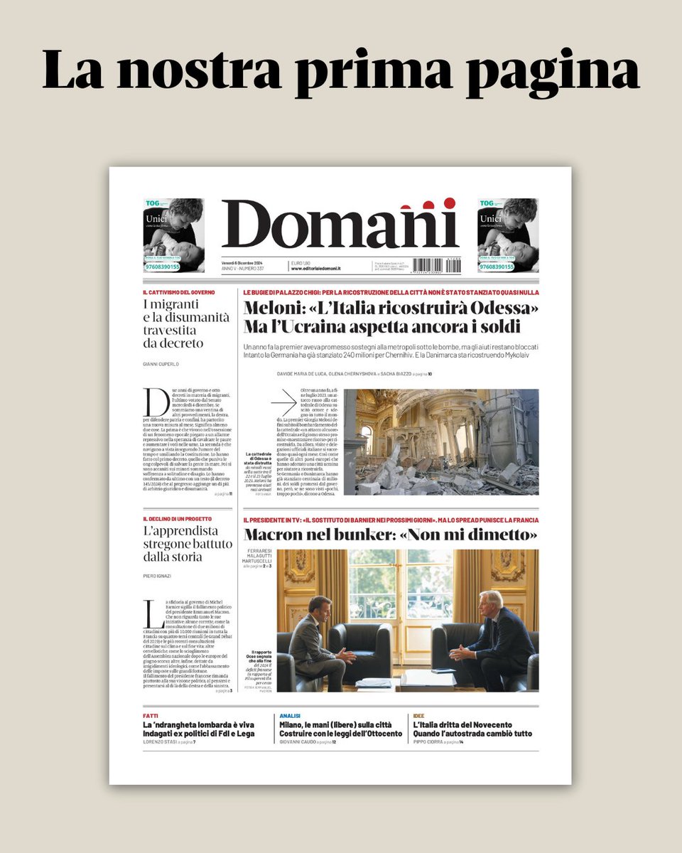 Oggi, sulla prima pagina di <a href="/DomaniGiornale/">Domani</a> la nostra inchiesta sulla ricostruzione di Odessa. A quasi un anno e mezzo dalle promesse del governo, non è ancora arrivato un euro. 

Il rettore della cattedrale: «Se non ci fossimo aiutati da soli, ora qui nuoterebbero i pesci» 👇🧵
